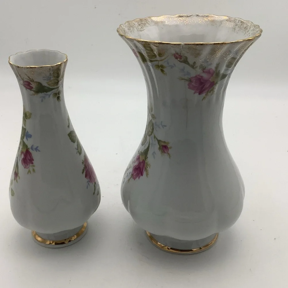 Two Vintage Chodziez Poland Floral Vases Gold Accents